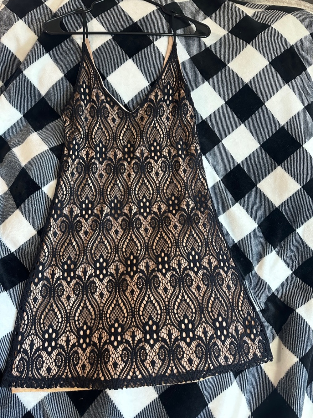 Sage Black Lace Overlay Nude Slip Midi Dress